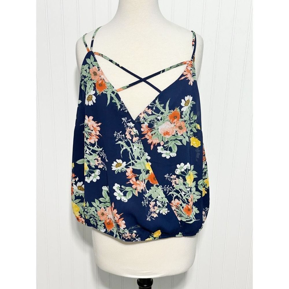 Forever 21 Criss‎ Cross Floral Sleeveless Spaghetti Strap Tank Top Blue Plus 1X